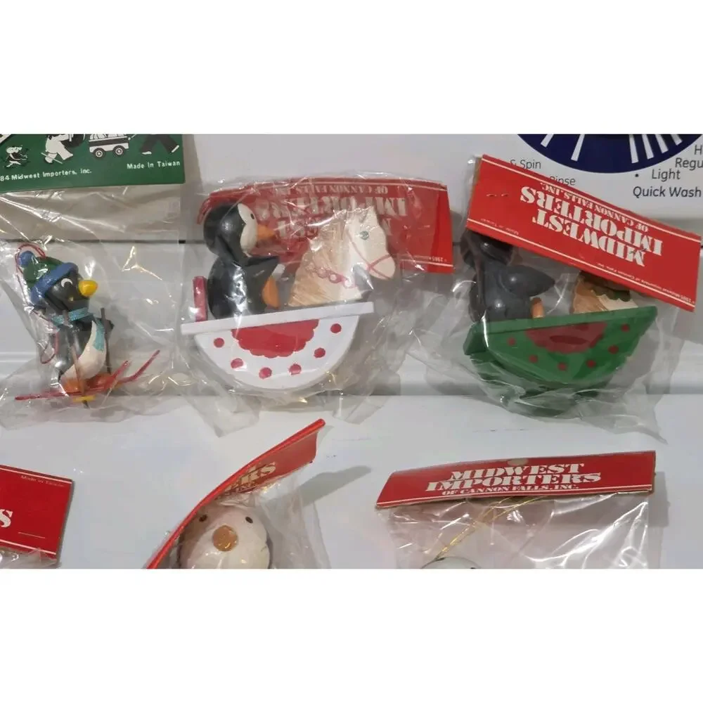New - Set Of 11 - Vintage 1980's Midwest Importers Wood Penguin Ornaments 2